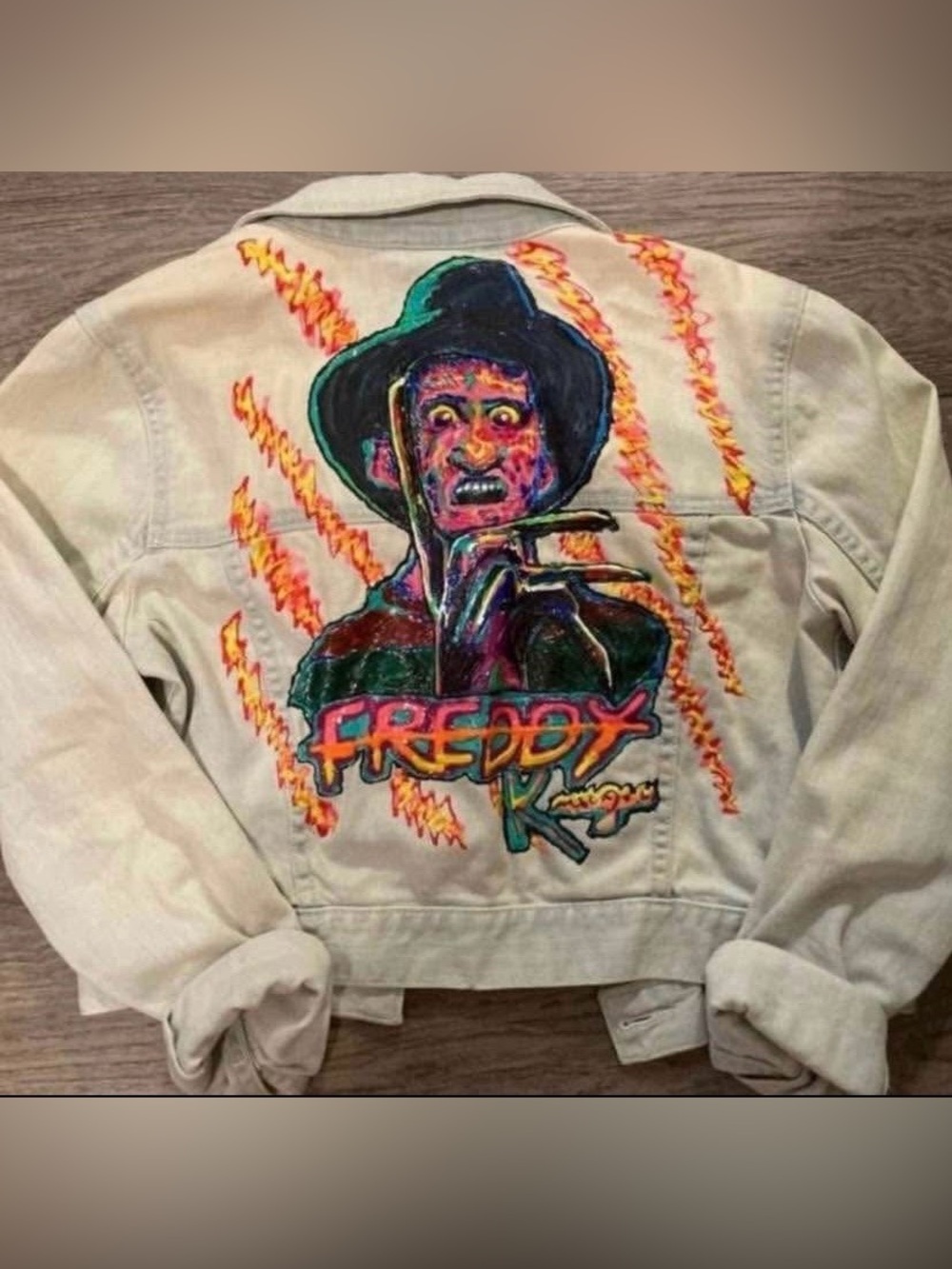 Hollister Light Jean Jacket with Multicolor Hand painted Freddy Krueger Graphic
